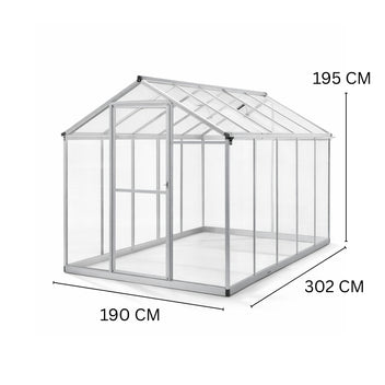 Hybridikasvihuone 5,4 m² – 302 x 190 x 195 cm, polykarbonaattikatto, harmaa