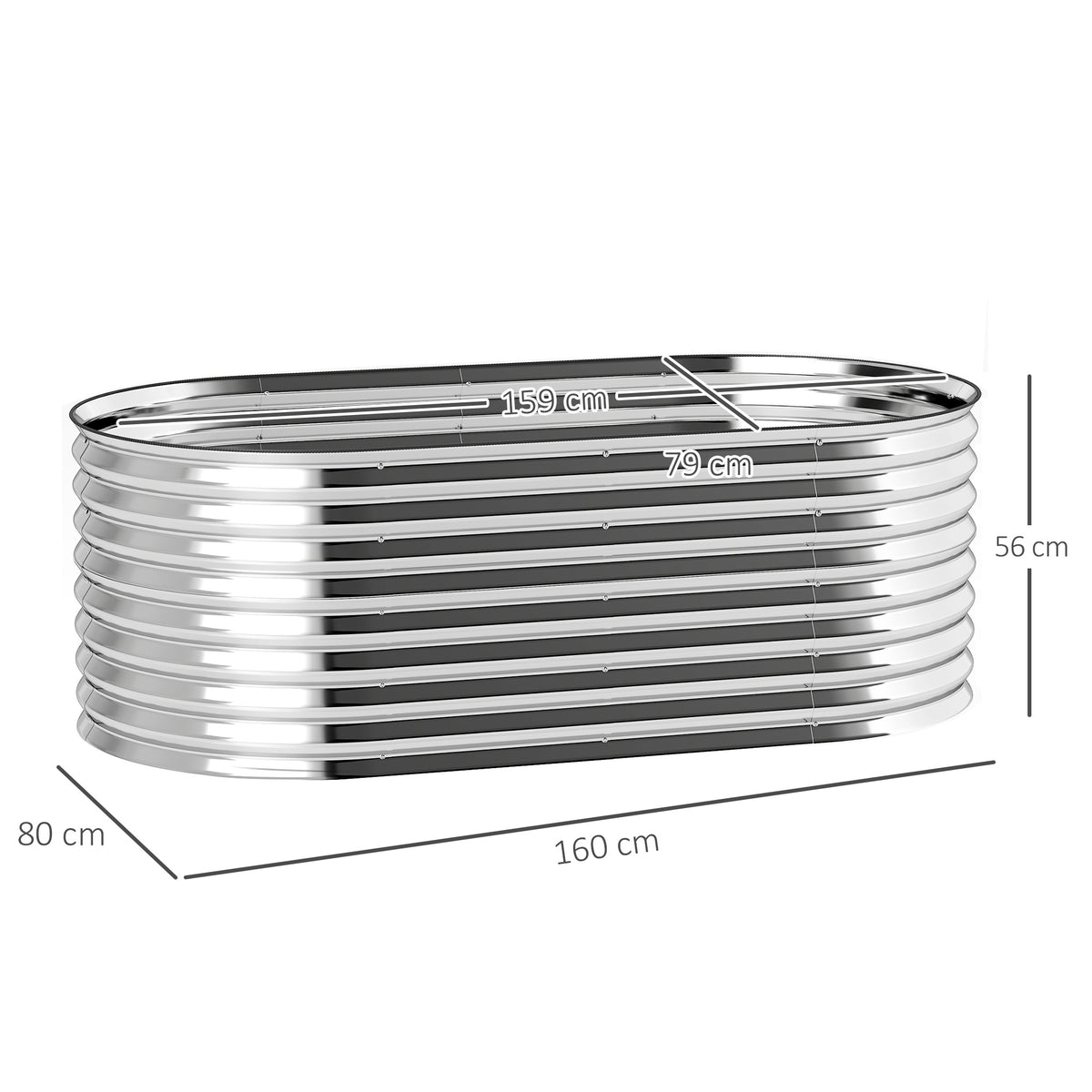 Ovaali modulaarinen kasvatuslaatikko kumireunalla ja hanskoilla, 160 x 80 x 56 cm, harmaa
