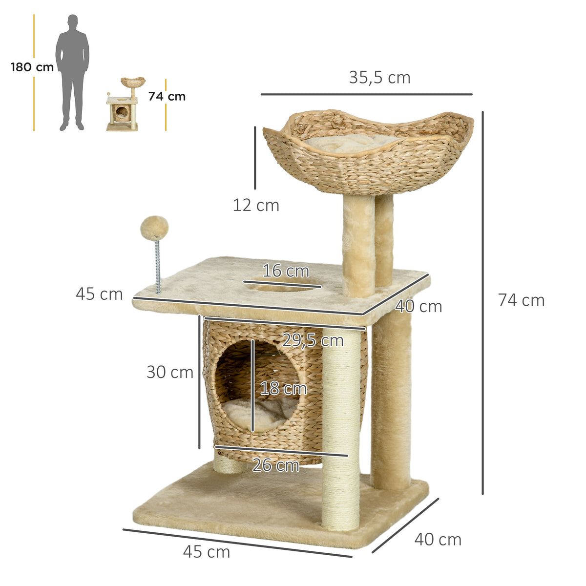 Kissan raapimispuu punotulla pesällä ja korilla, 74 cm, beige