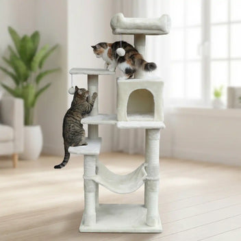 Kattklösbräda 143 cm – hus, övre bädd, sisalstolpar, beige