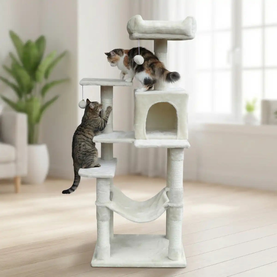 Kattklösbräda 143 cm – hus, övre bädd, sisalstolpar, beige