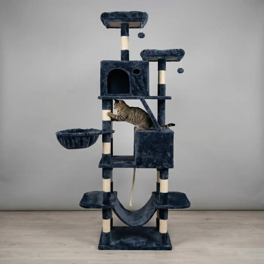 Kattklätterträd 206 cm – 2 koppar, 2 hängmattor, 6 nivåer