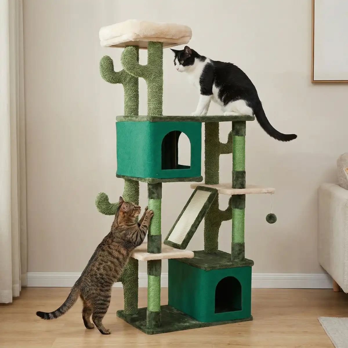 Kattklösbräda 146 cm – 2 grottor, sisalytor, grön