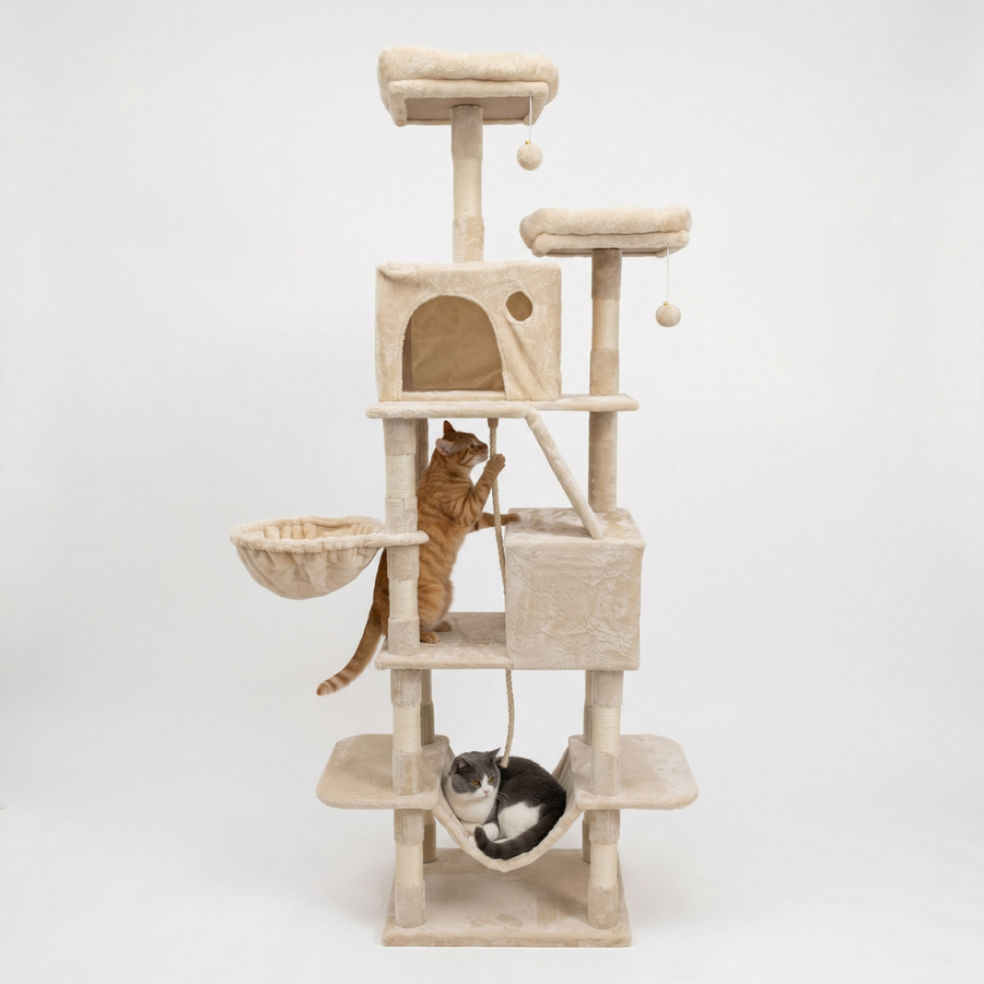 Kattklätterträd 206 cm – 2 koppar, 2 hängmattor, beige