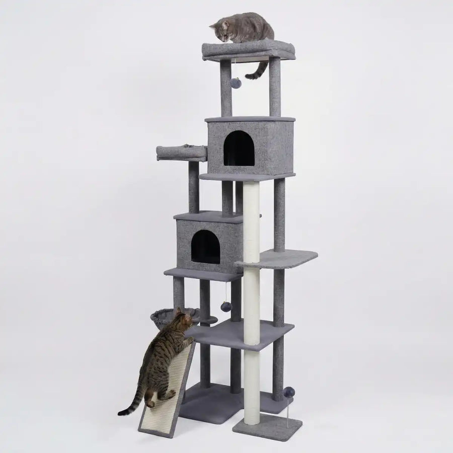 Kattklösträd 192 cm – 2 sovplatser, hängmatta, sisalramp, grå