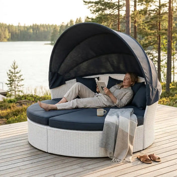 Solstol 200 cm – 3-delad, polyrotting, 8 cm stoppning, vit/grå