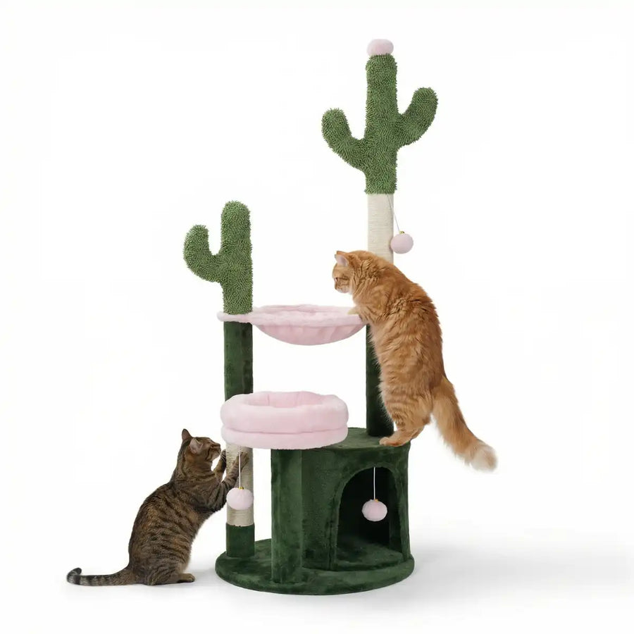 Kattklätterträd 125 cm – 3 nivåer, hängmatta, 2 sisalstolpar, grön/rosa