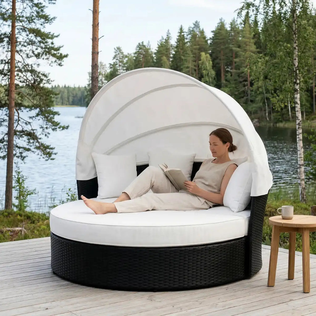 Polyrottinki aurinkovuode 165 cm – 10 cm pehmuste, teräsrunko, musta/beige