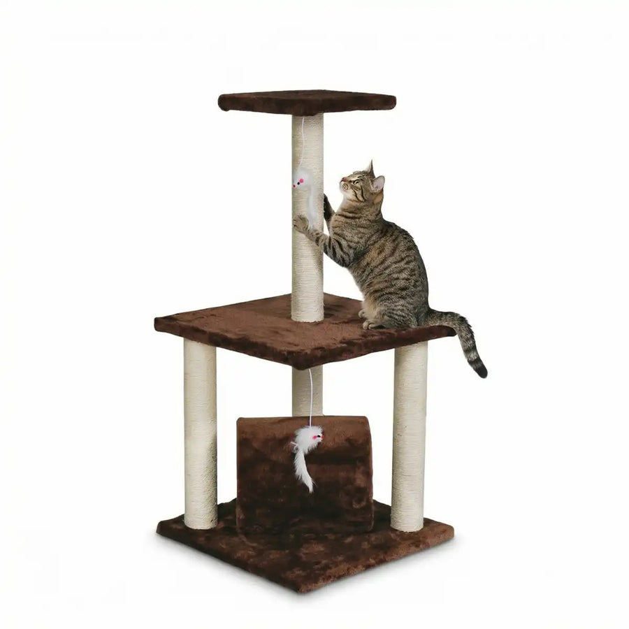 Kattklösträd 83 cm – grotta, 3 klösytor, mjuka ytor, brunt