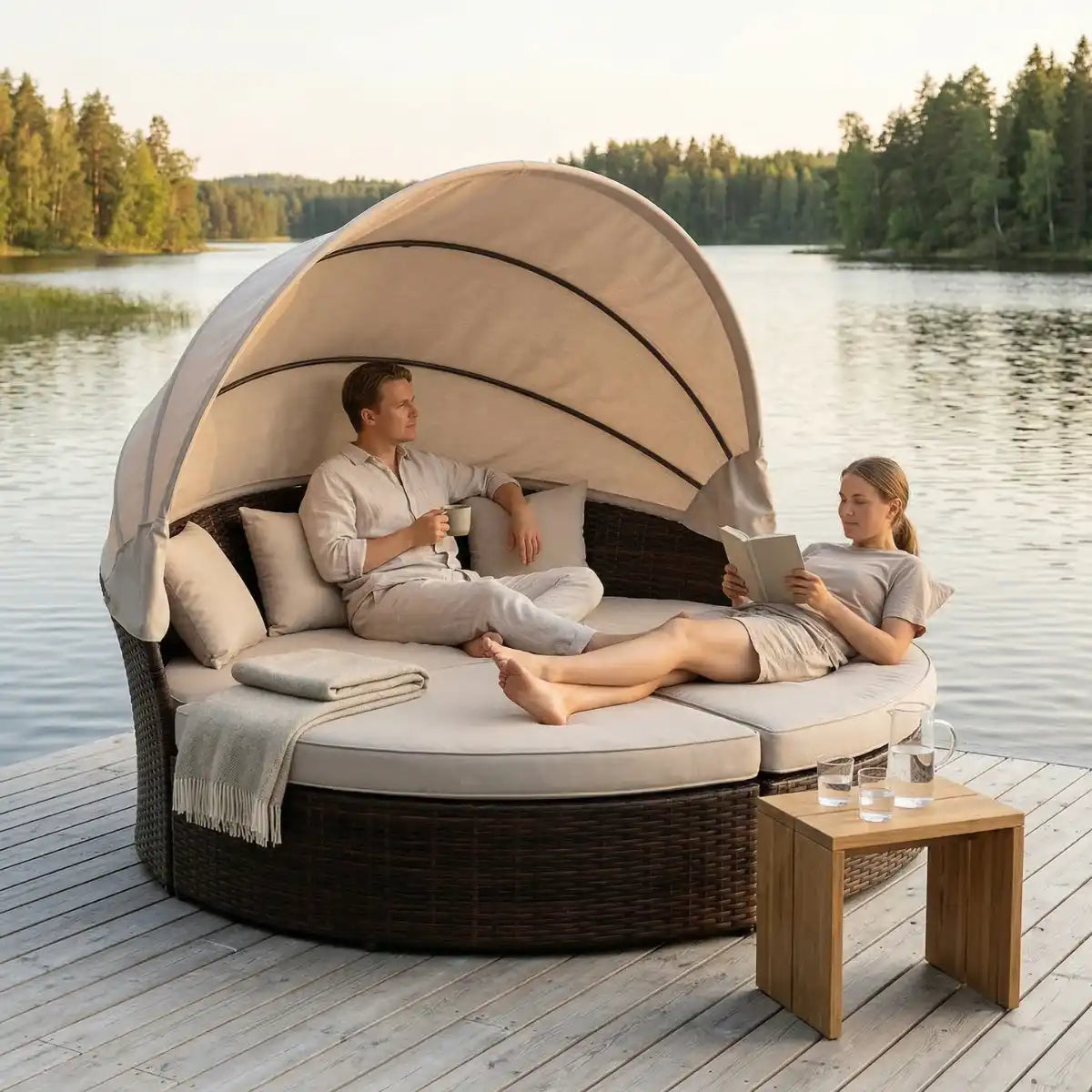 Lund & Leaf Polyrottinki Solstol / Solbädd 200 cm, Brun / beige