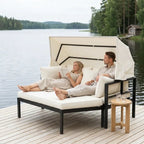 Aurinkovuode 175 x 143 cm – irrotettava katos, 10 cm pehmuste, alumiinirunko, musta/beige