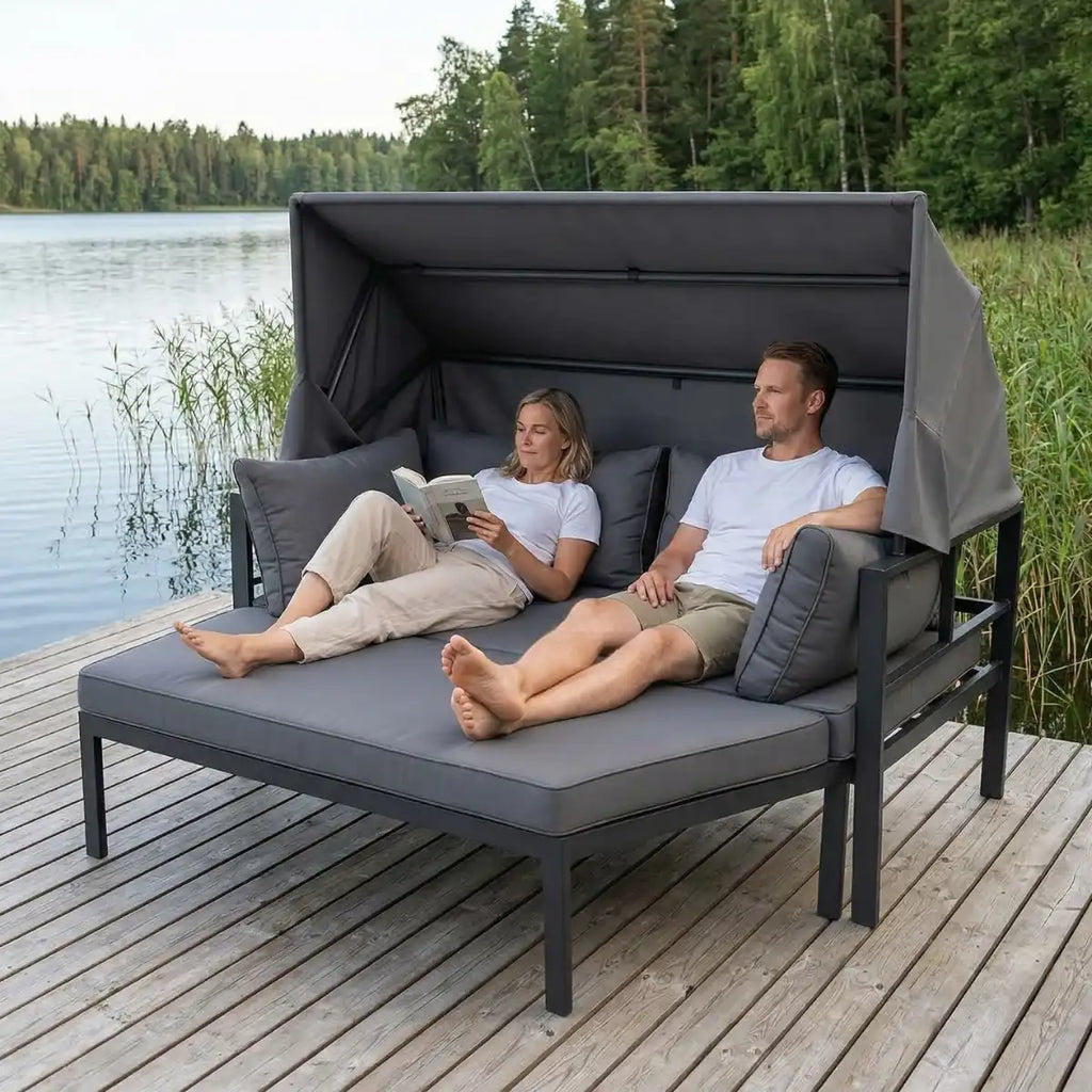 Aurinkovuode 175 x 143 cm – irrotettava katos, 10 cm pehmuste, alumiinirunko, musta/harmaa