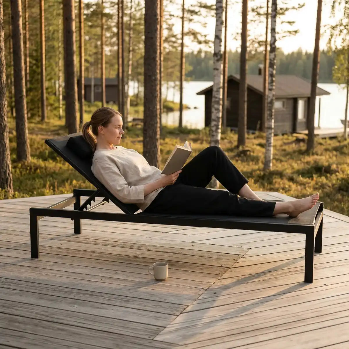 Solstol 195 x 65 x 35 cm – aluminiumram, textilene-tyg, nackkudde, svart