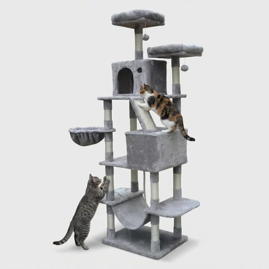 Kattklätterträd 206 cm – 2 koppar, 2 hängmattor, 6 nivåer