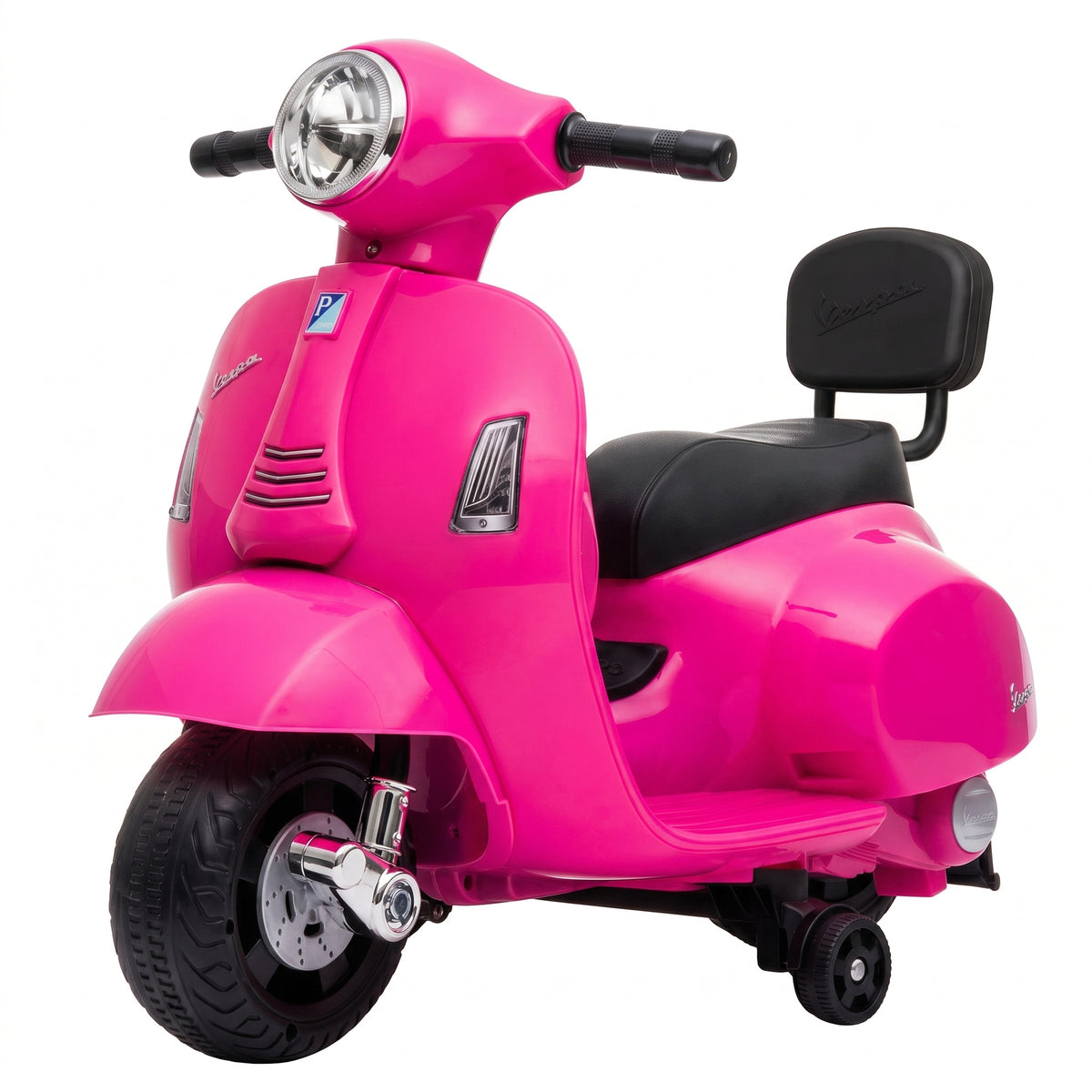 Lasten sähkömopo Mini Vespa GTS litiumakulla, selkänoja ja tukipyörät, 1,5–3 v, pinkki
