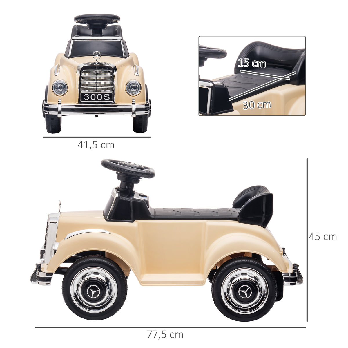 Lasten potkuauto Mercedes-Benz 300 S, säilytystila istuimen alla, 18–48 kk, beige