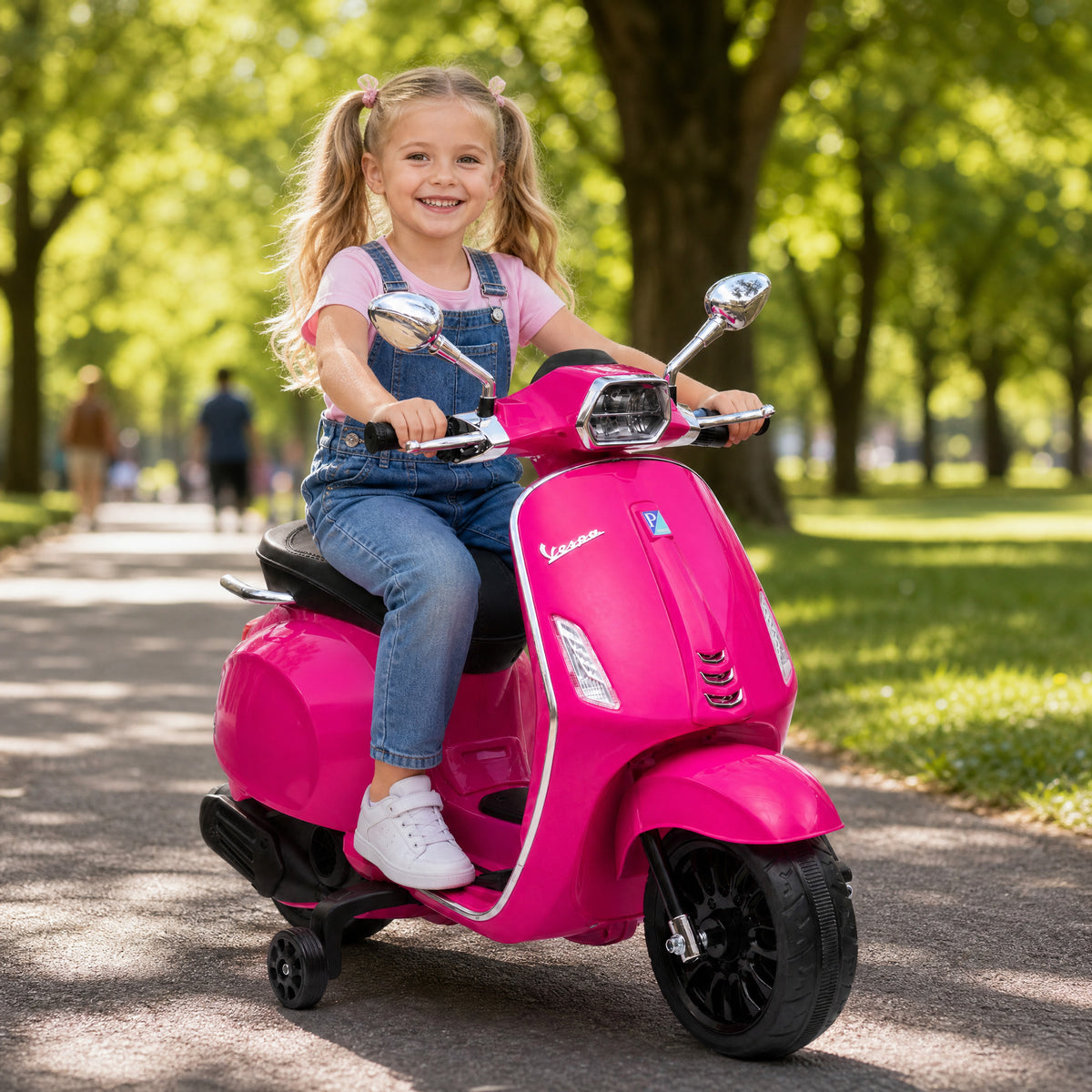Lasten sähkömopo Vespa 6V tukipyörillä, FM-radio, musiikki ja valo, 3–6 v, pinkki