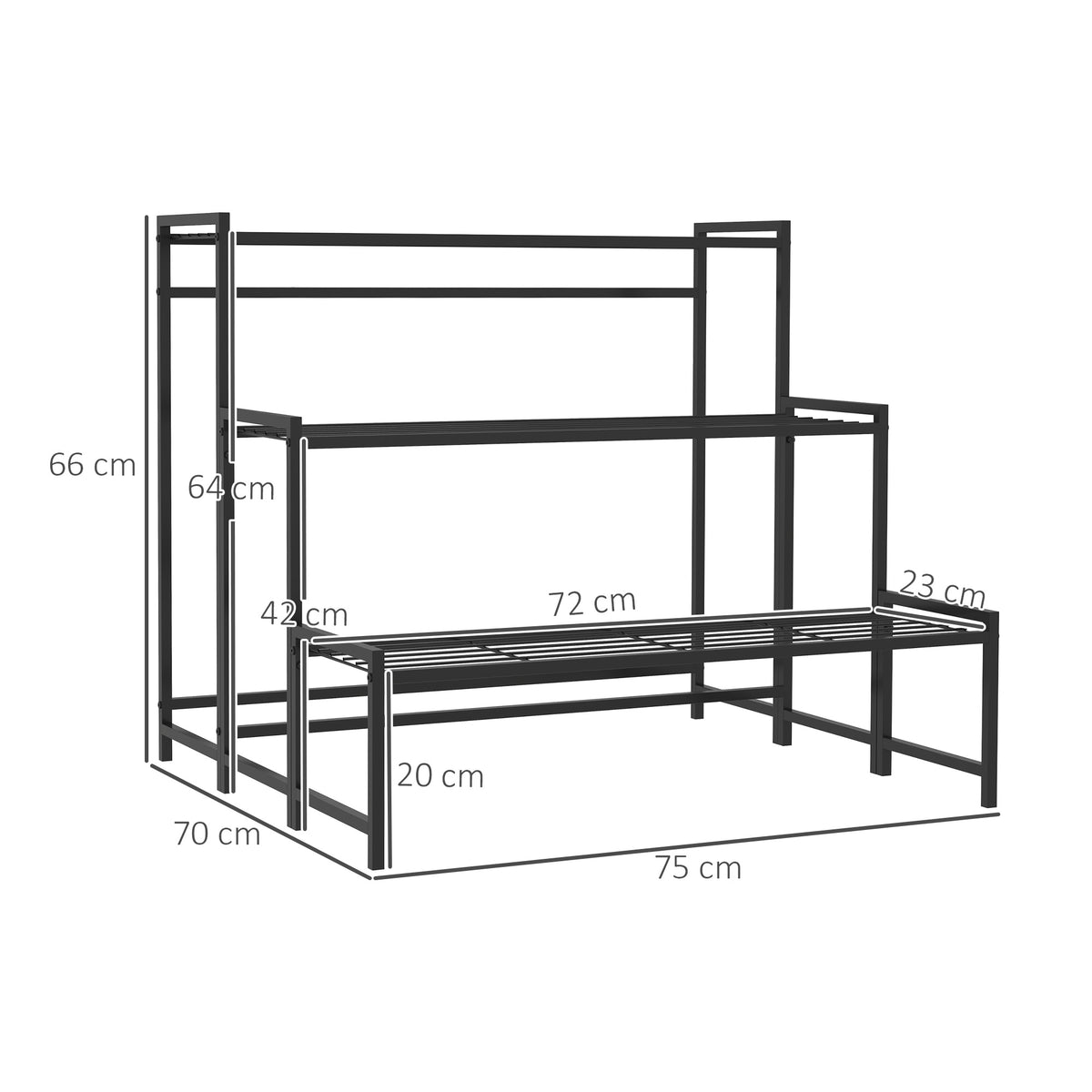Porrasmallinen metallinen kukkateline, 3 tasoa, musta