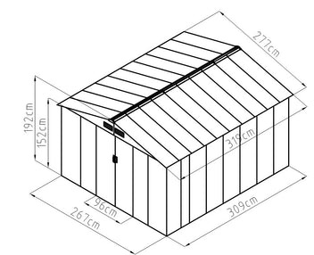 Trädgårdsskjul 8,8 m² – galvaniserat stål, 96 x 154 cm skjutdörrar, sockel
