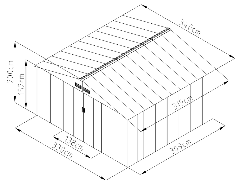 Trädgårdsskjul 10,85 m² – 138 cm skjutdörrar, galvaniserat stål, sockel, grå