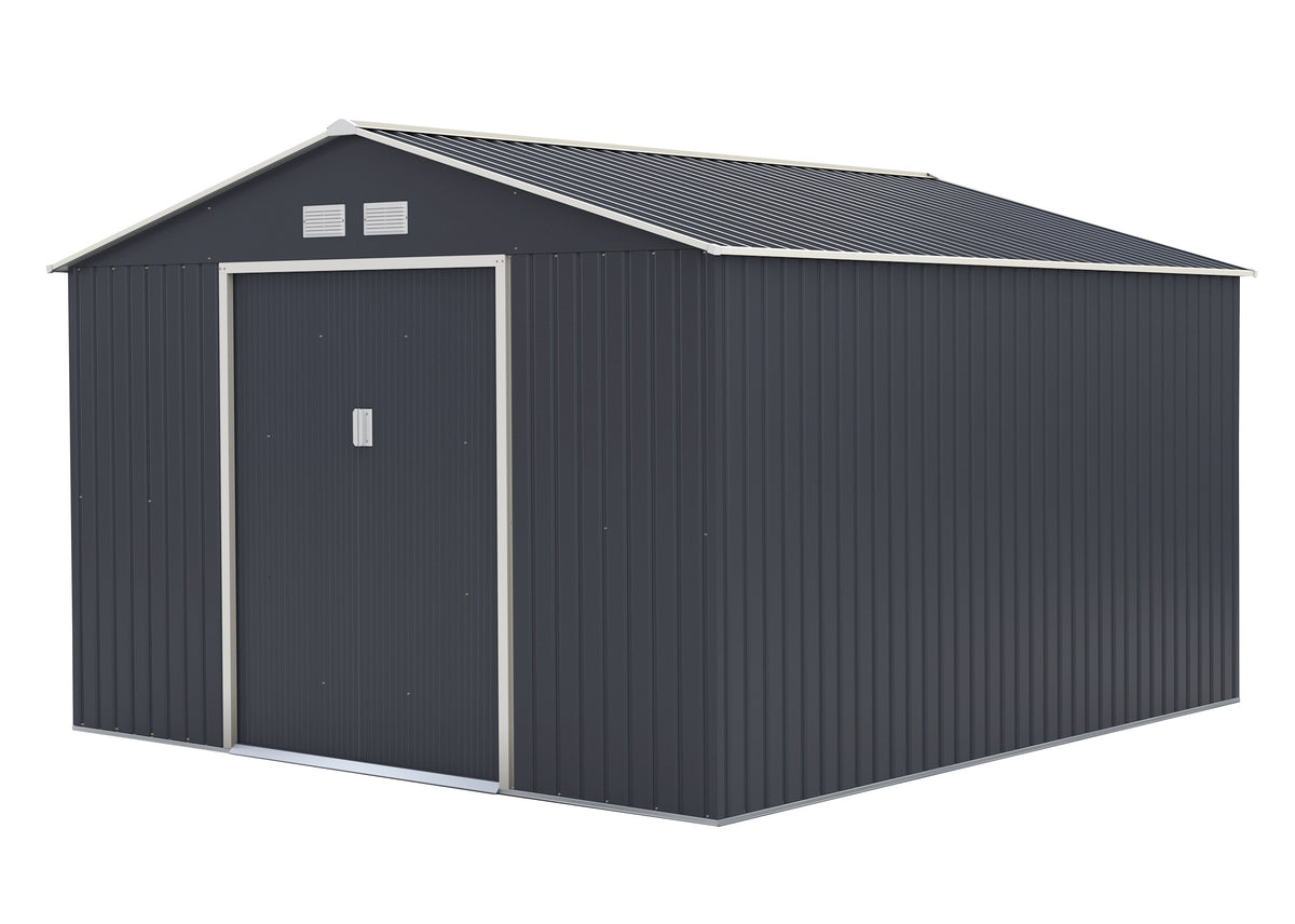 Trädgårdsskjul 13 m² – 138 cm skjutdörrar, galvaniserat stål, sockel, grå