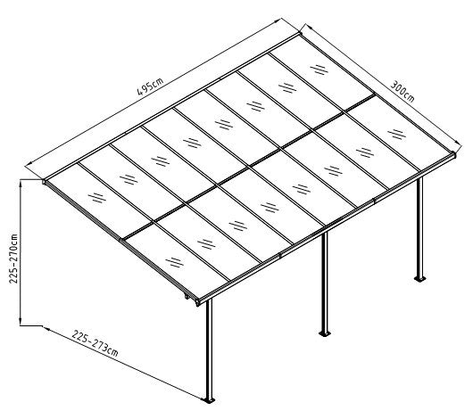 Terassikatos 495 x 300 cm – 6 mm polykarbonaatti, alumiinirunko, vesirännit