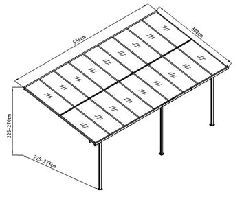 Terassikatos 556 x 300 cm – 6 mm polykarbonaattipaneelit, alumiinirunko, vesirännit