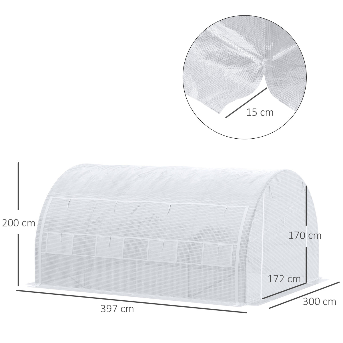 Tunnelikasvihuone rullattavilla sivuilla ja kahdeksalla ikkunalla, 4 x 3 x 2 m, valkoinen