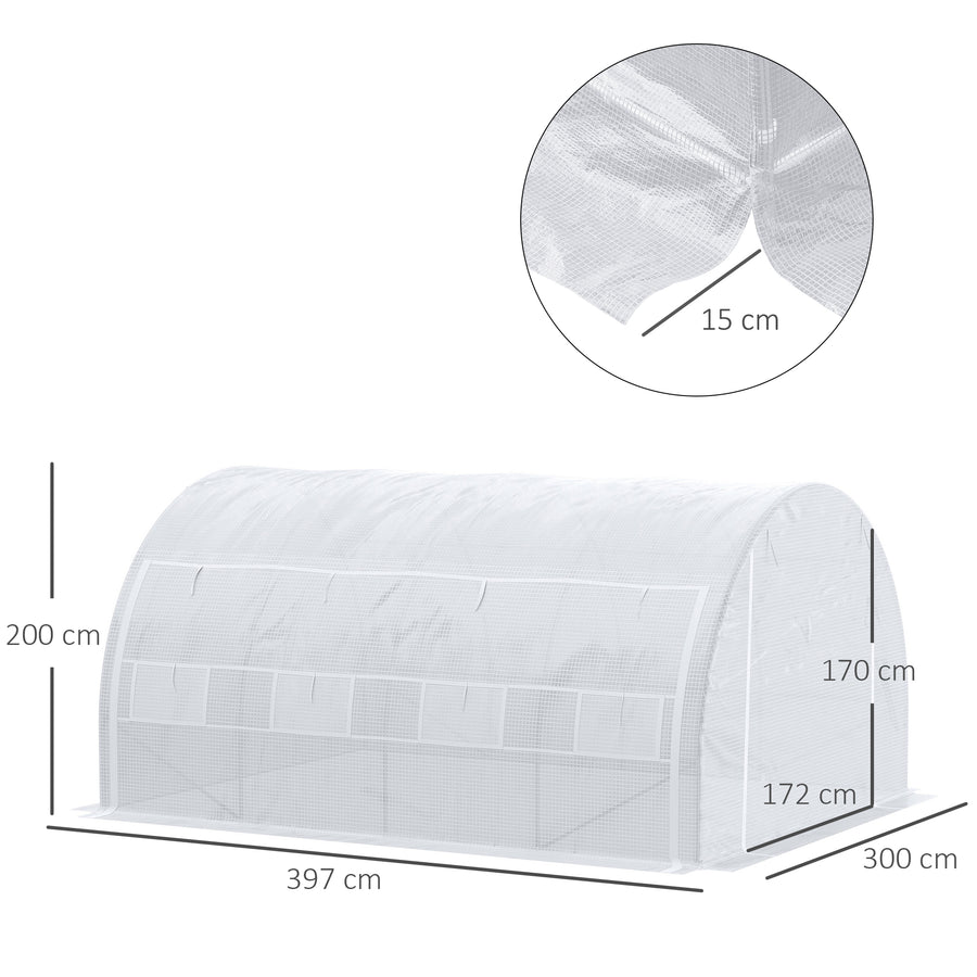 Tunnelikasvihuone rullattavilla sivuilla ja kahdeksalla ikkunalla, 4 x 3 x 2 m, valkoinen