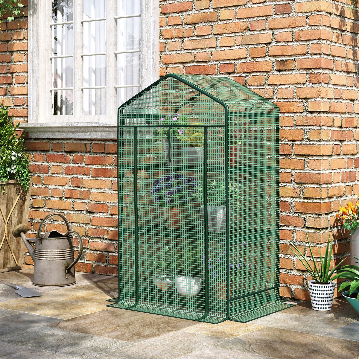 Minikasvihuone kolmella hyllyllä ja sivutaskuilla, 69 x 49 x 125 cm, vihreä