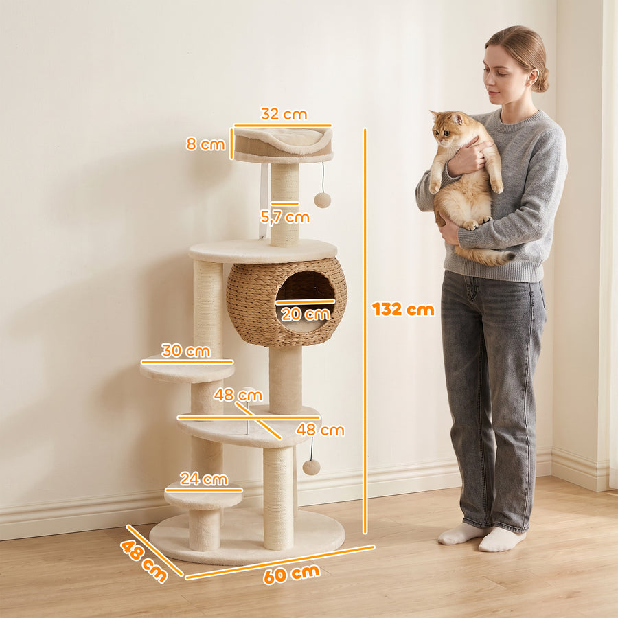 Kissan raapimispuu punotulla osmankäämipesällä, 132 cm, beige