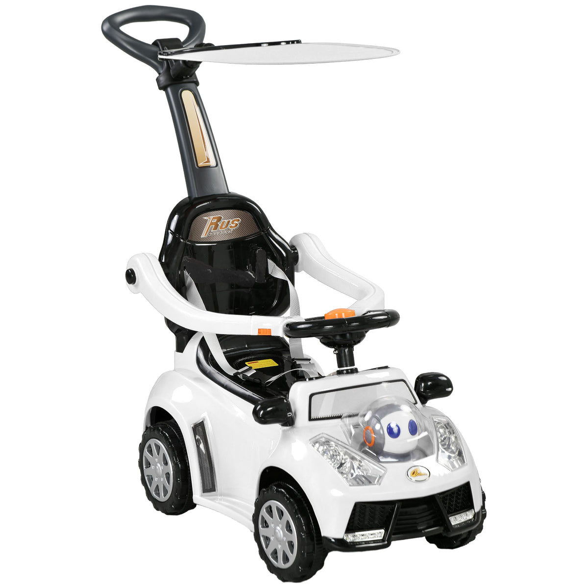 Lasten potkuauto 3-in-1 työntötangolla ja irrotettavalla katoksella, valot ja musiikki, valkoinen/musta