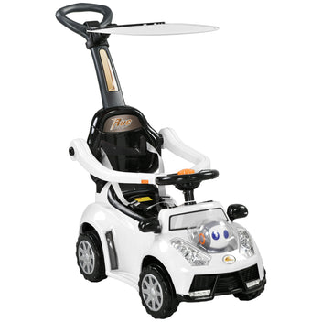Lasten potkuauto 3-in-1 työntötangolla ja irrotettavalla katoksella, valot ja musiikki, valkoinen/musta