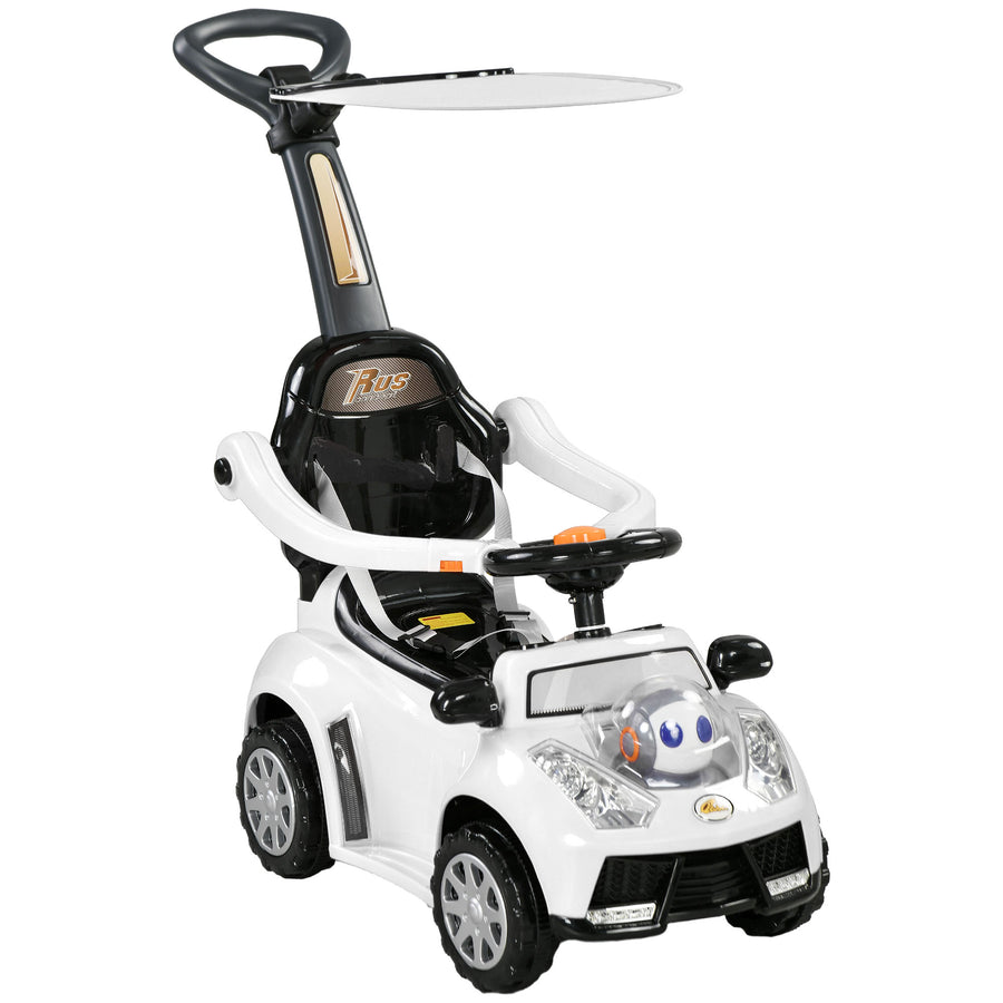 Lasten potkuauto 3-in-1 työntötangolla ja irrotettavalla katoksella, valot ja musiikki, valkoinen/musta