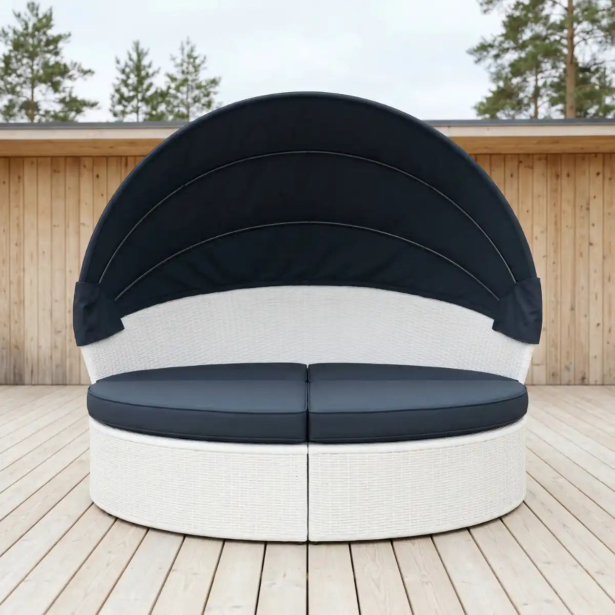 Solstol 200 cm – 3-delad, polyrotting, 8 cm stoppning, vit/grå