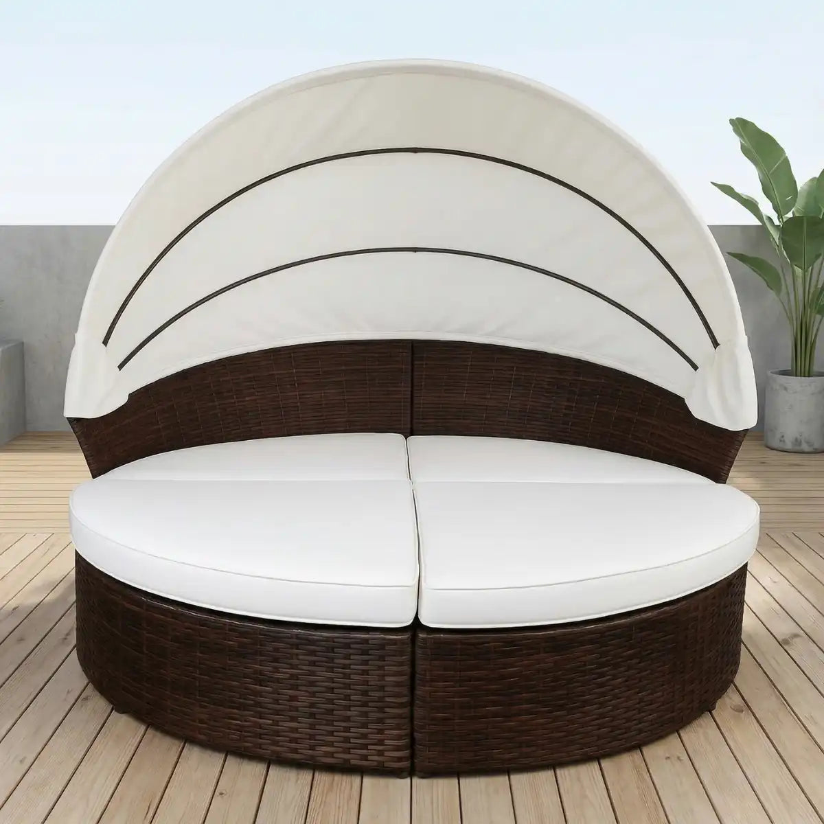 Solstol 200 cm – 3-delad, polyrotting, 8 cm stoppning, brun/beige