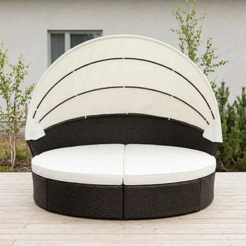Solstol 200 cm – 3-delad, polyrotting, 8 cm stoppning, svart/beige