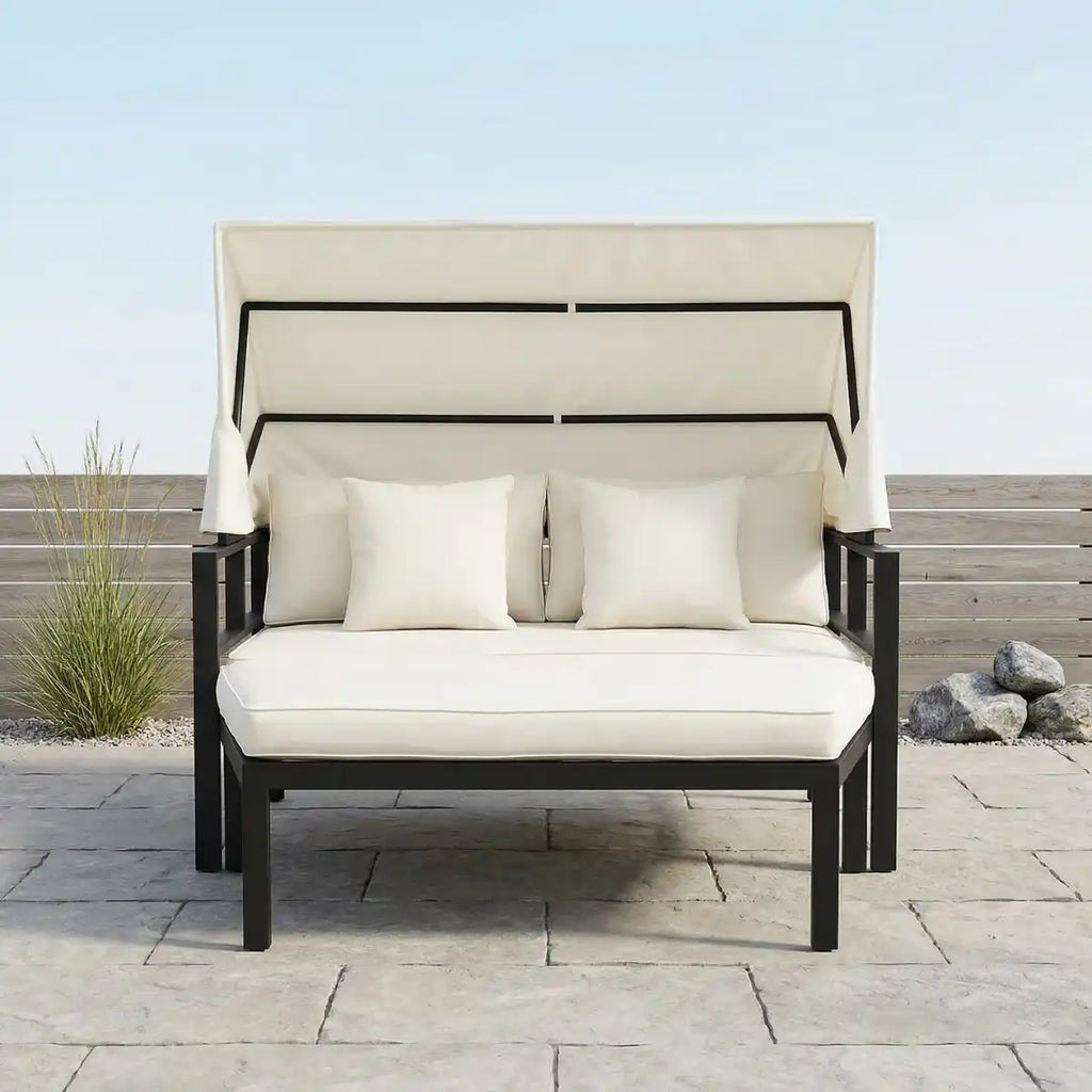 Aurinkovuode 175 x 143 cm – irrotettava katos, 10 cm pehmuste, alumiinirunko, musta/beige