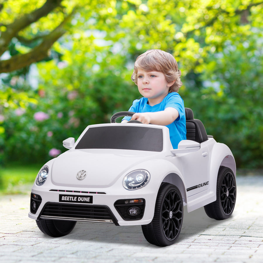 Lasten sähköauto Volkswagen Beetle 12V, kaukosäädin, radio ja musiikki, 3–5 v, valkoinen