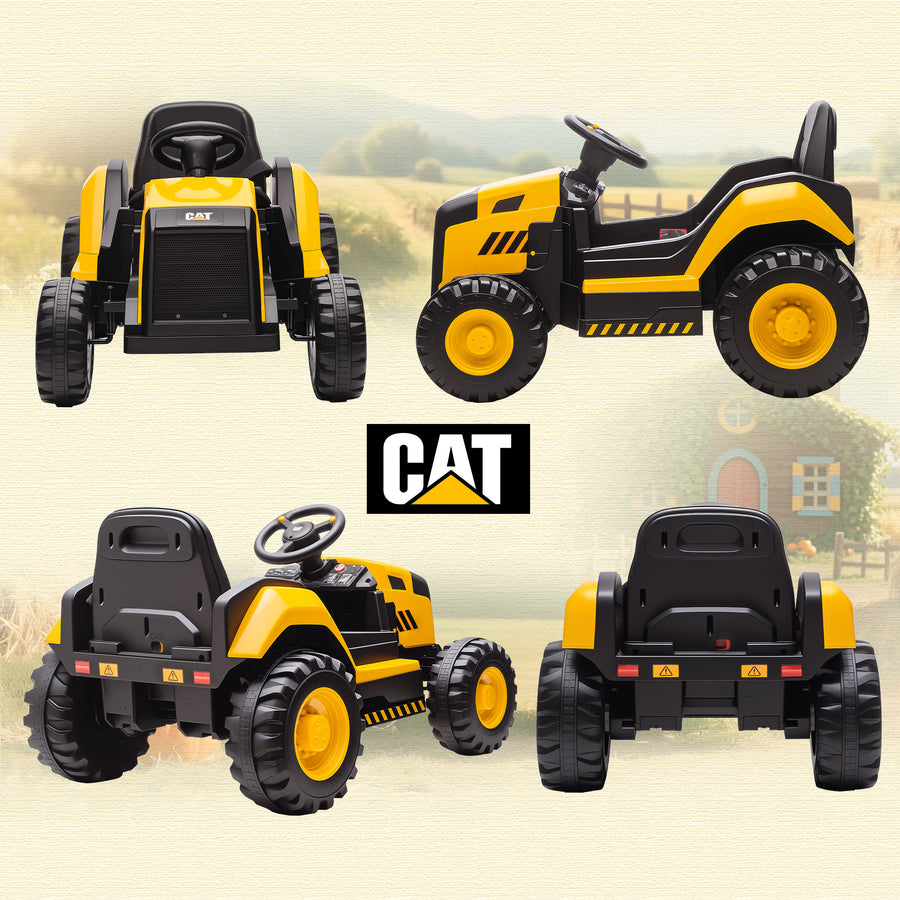 Lasten sähkötyökone CAT 12V, kaukosäädin, Bluetooth-musiikki, takajousitus, 3–6 v, keltainen