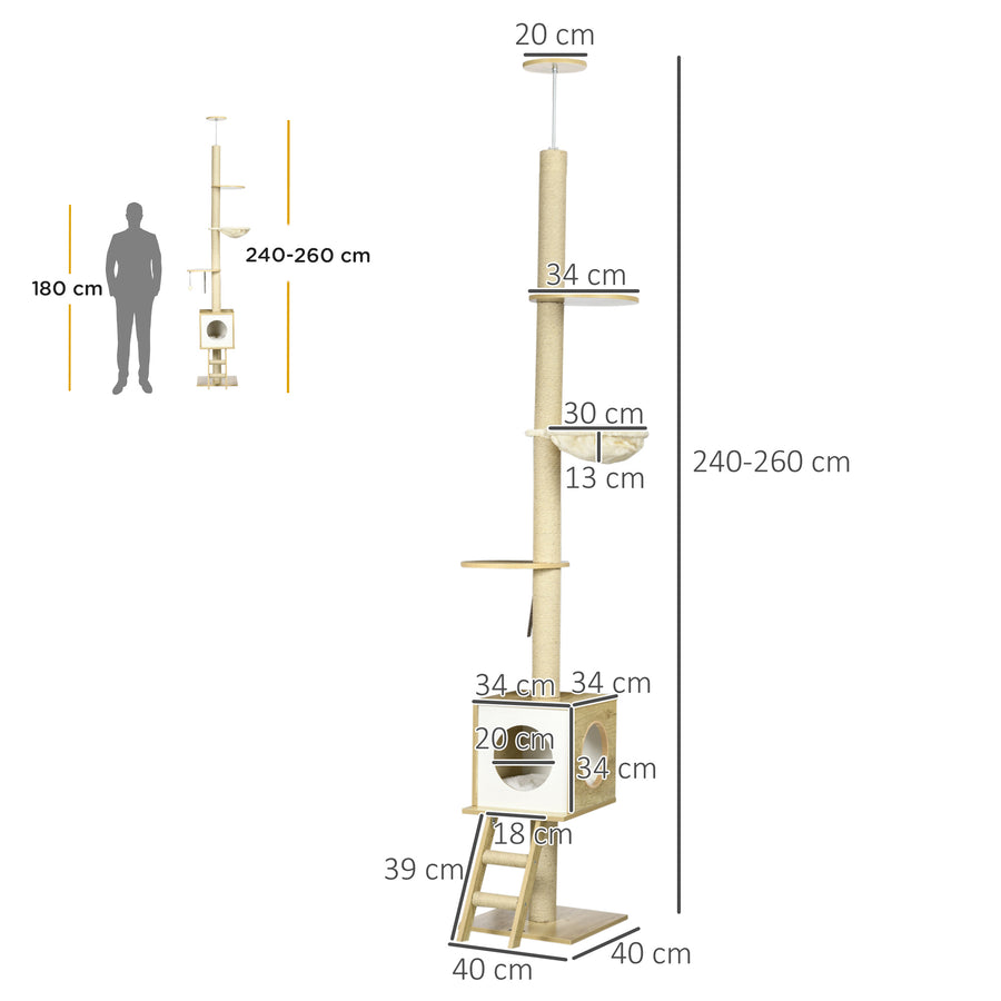 Kattoon ulottuva kissan raapimispuu pesällä ja riippumatolla, 240–260 cm, vaaleanruskea