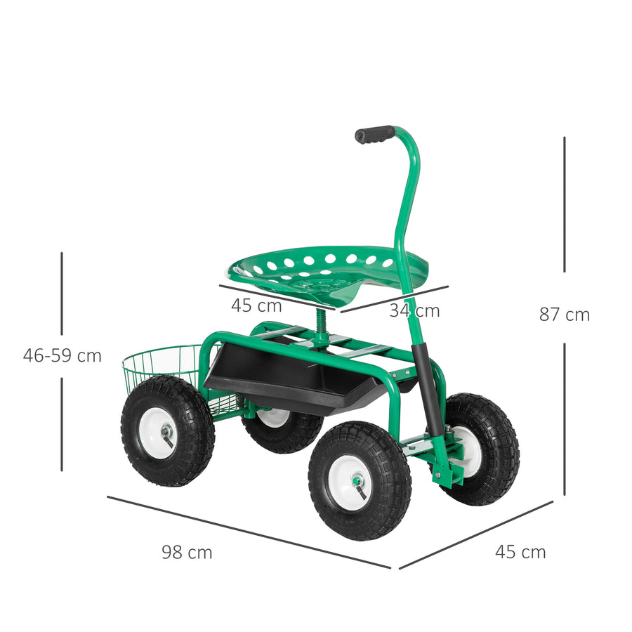 Puutarhavaunu istuimella, korkeussäädettävä 46–59 cm, kori ja hylly, ohjattava etupyörä, 150 kg, vihreä