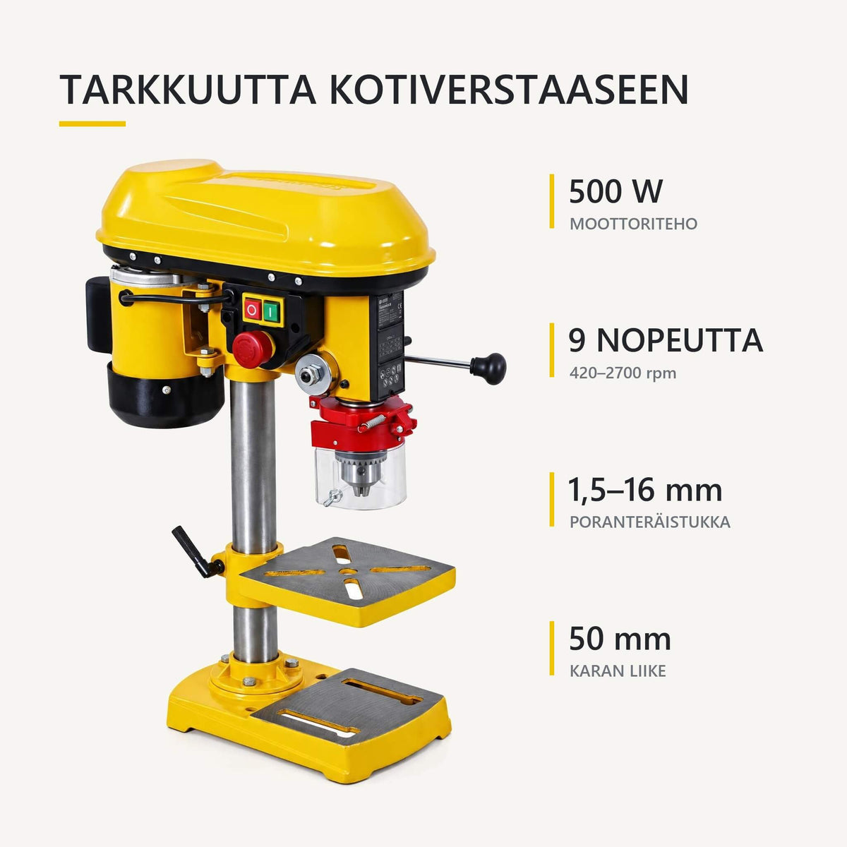 Bänkborrmaskin 500 W – 9 hastigheter, 1,5–16 mm hylsa, 420–2700 rpm