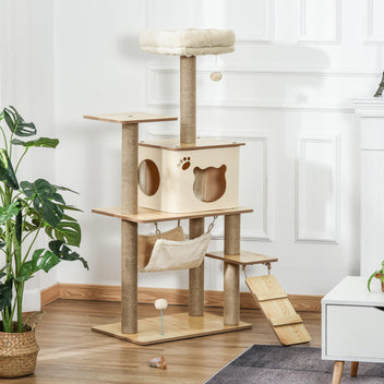 Kissan raapimispuu pesällä, riippumatolla ja tikkailla, 130 cm, keltainen