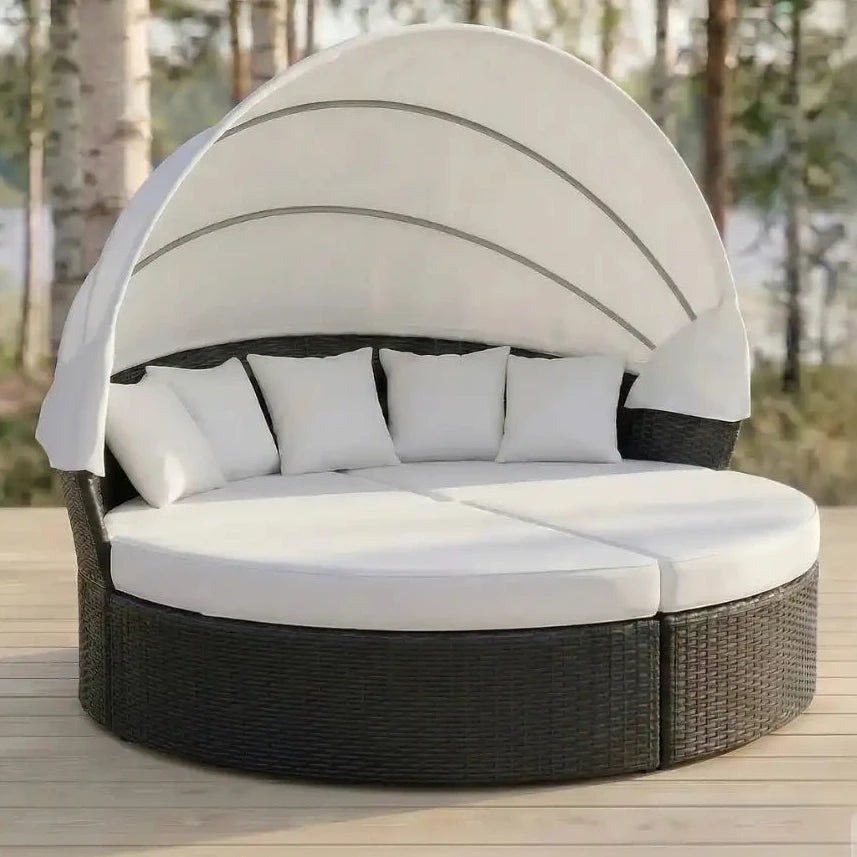 Aurinkovuode 200 cm – 3-osainen, polyrottinki, 8 cm pehmuste, musta/beige