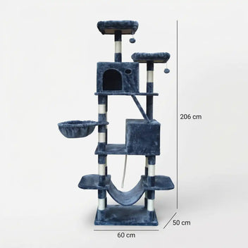 Kattklätterträd 206 cm – 2 koppar, 2 hängmattor, 6 nivåer