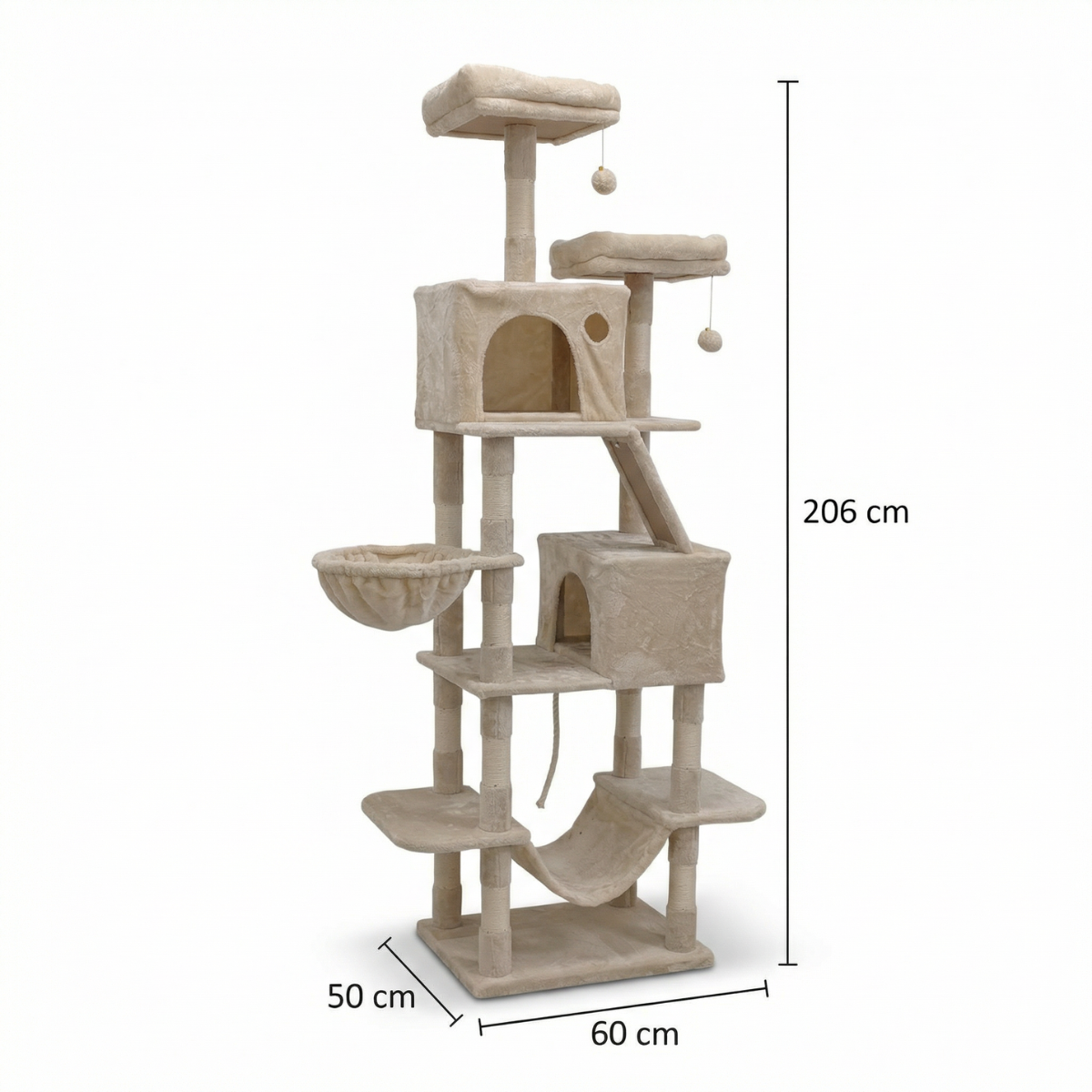 Kissan kiipeilypuu 206 cm – 2 koppia, 2 riippumattoa, beige