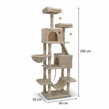 Kissan kiipeilypuu 206 cm – 2 koppia, 2 riippumattoa, beige