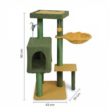 Kissan raapimispuu 90 cm – monitasoinen, riippumatto, 43 x 33 cm, vihreä