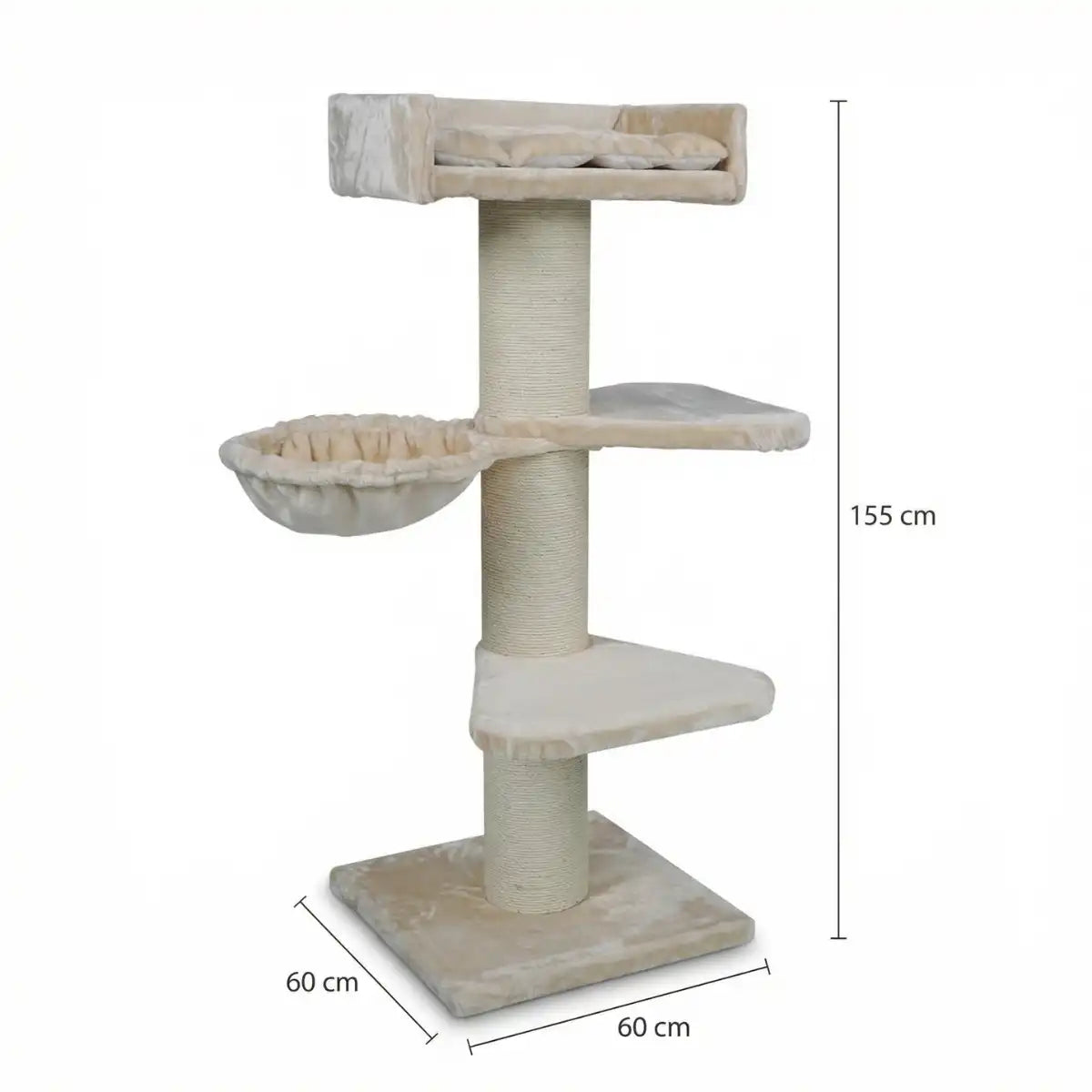 Raapimispuu isoille kissoille 155 cm – 20 cm tolppa, riippumatto, beige
